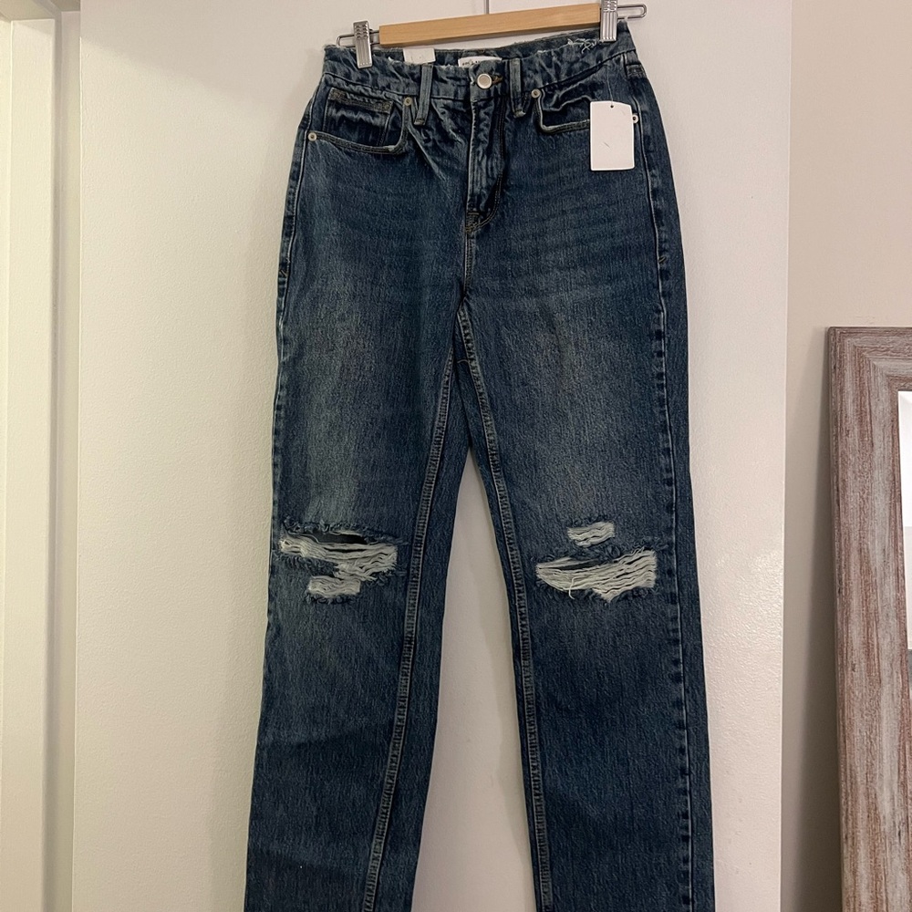 Good American Blue Straight Leg Jeans with Distressed Details